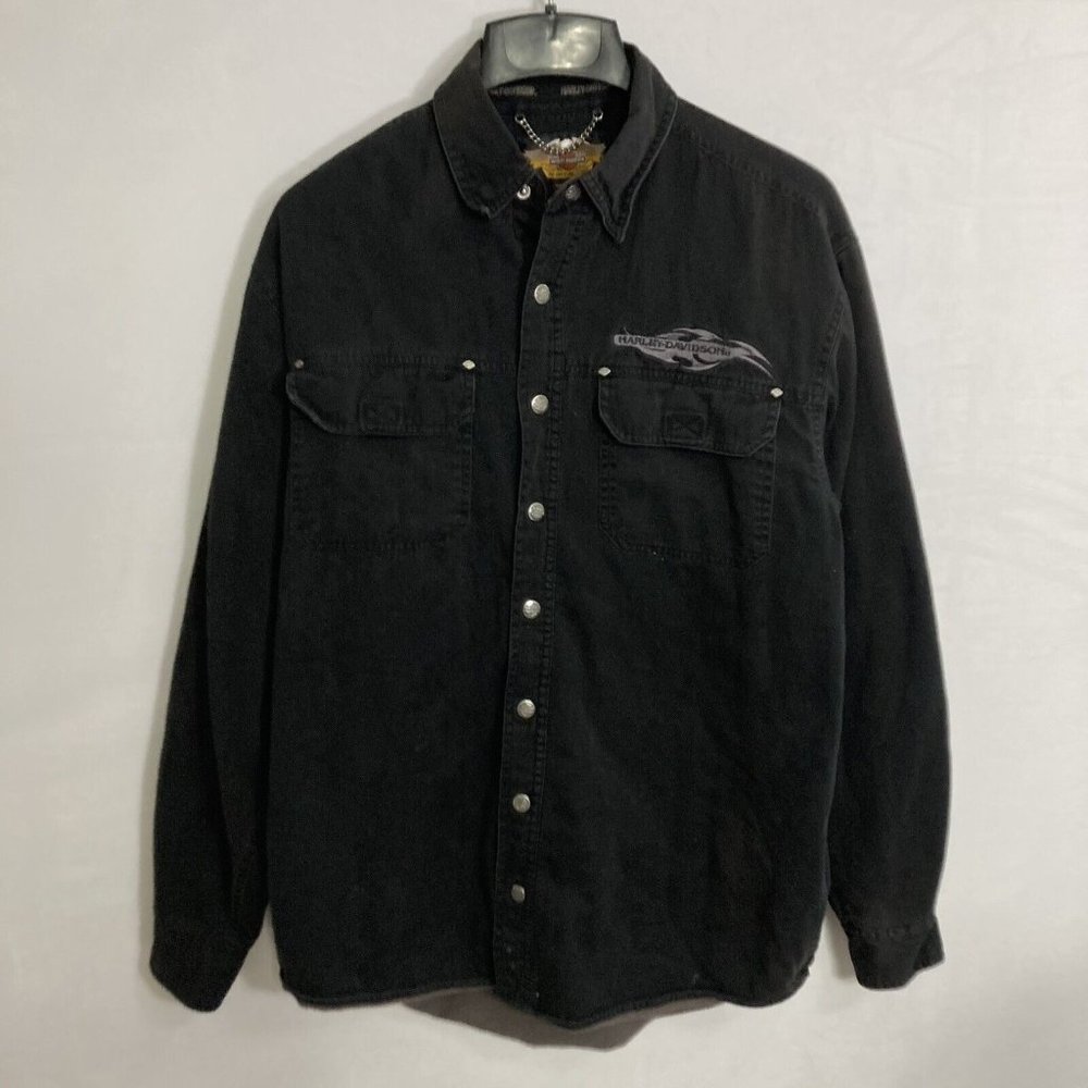 Harley Davidson Canvas Fleece Lined Shirt Jacket Snap Button Up Size Medium Tall